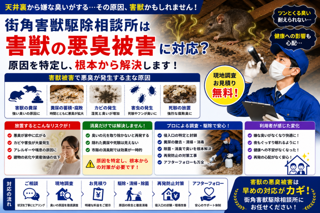 街角害獣駆除相談所の害獣による悪臭被害や糞尿被害、健康リスクや除菌対策を解説する青系イメージ画像