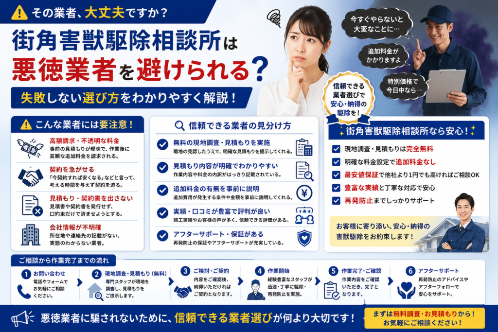 街角害獣駆除相談所の悪徳業者対策や高額請求の注意点、失敗しない選び方を解説する青系イメージ画像