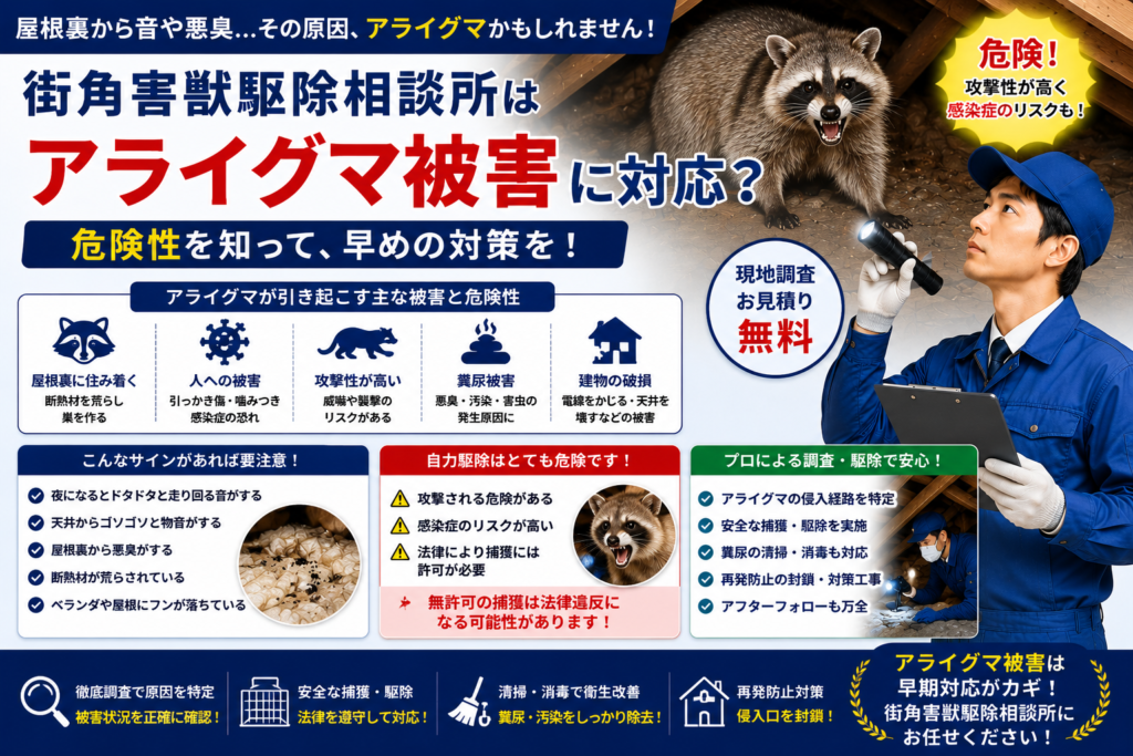 街角害獣駆除相談所のアライグマ被害や危険性、糞尿被害や感染症リスクを解説する青系イメージ画像