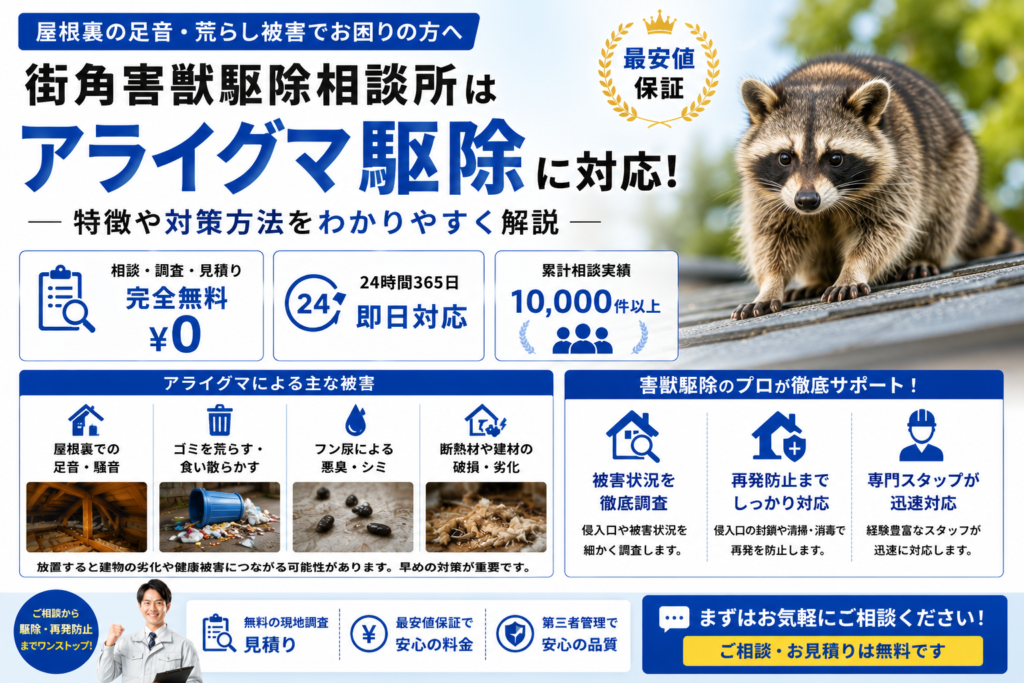 街角害獣駆除相談所のアライグマ駆除や屋根裏被害、危険性や無料調査を解説する青系イメージ画像