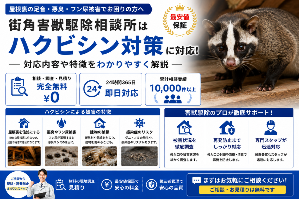街角害獣駆除相談所のハクビシン対策や屋根裏被害、無料調査の流れを解説する青系イメージ画像