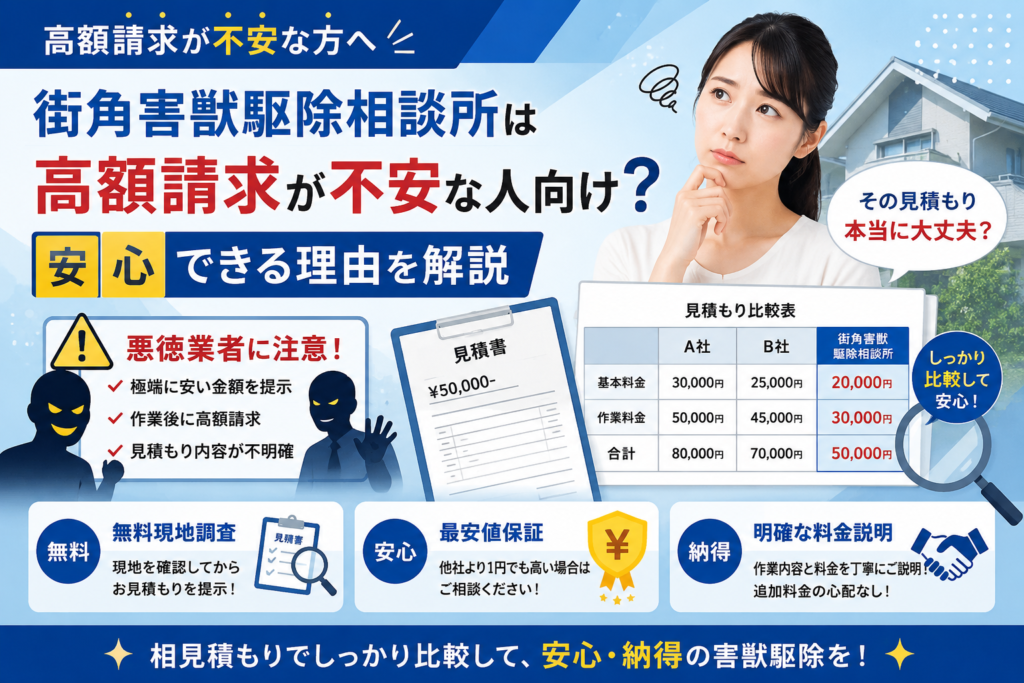街角害獣駆除相談所の高額請求対策や無料現地調査、最安値保証の特徴を解説する青系イメージ画像