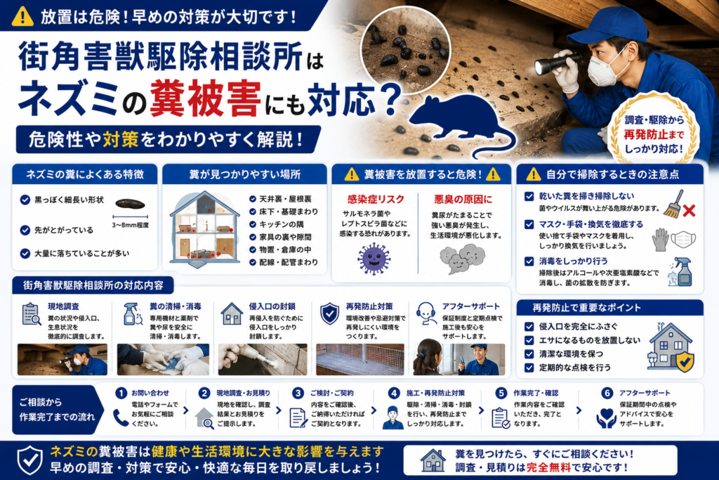 街角害獣駆除相談所のネズミの糞被害や感染症リスク、危険性や対策方法を解説する青系イメージ画像
