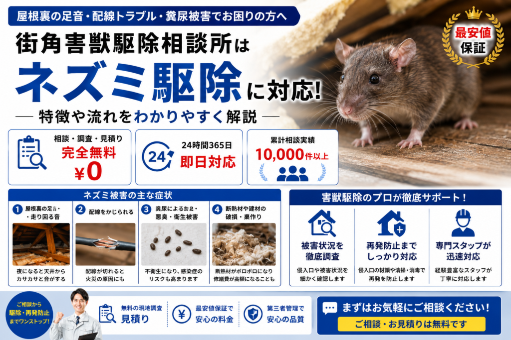 街角害獣駆除相談所のネズミ駆除対応や屋根裏被害、無料調査の流れを解説する青系イメージ画像