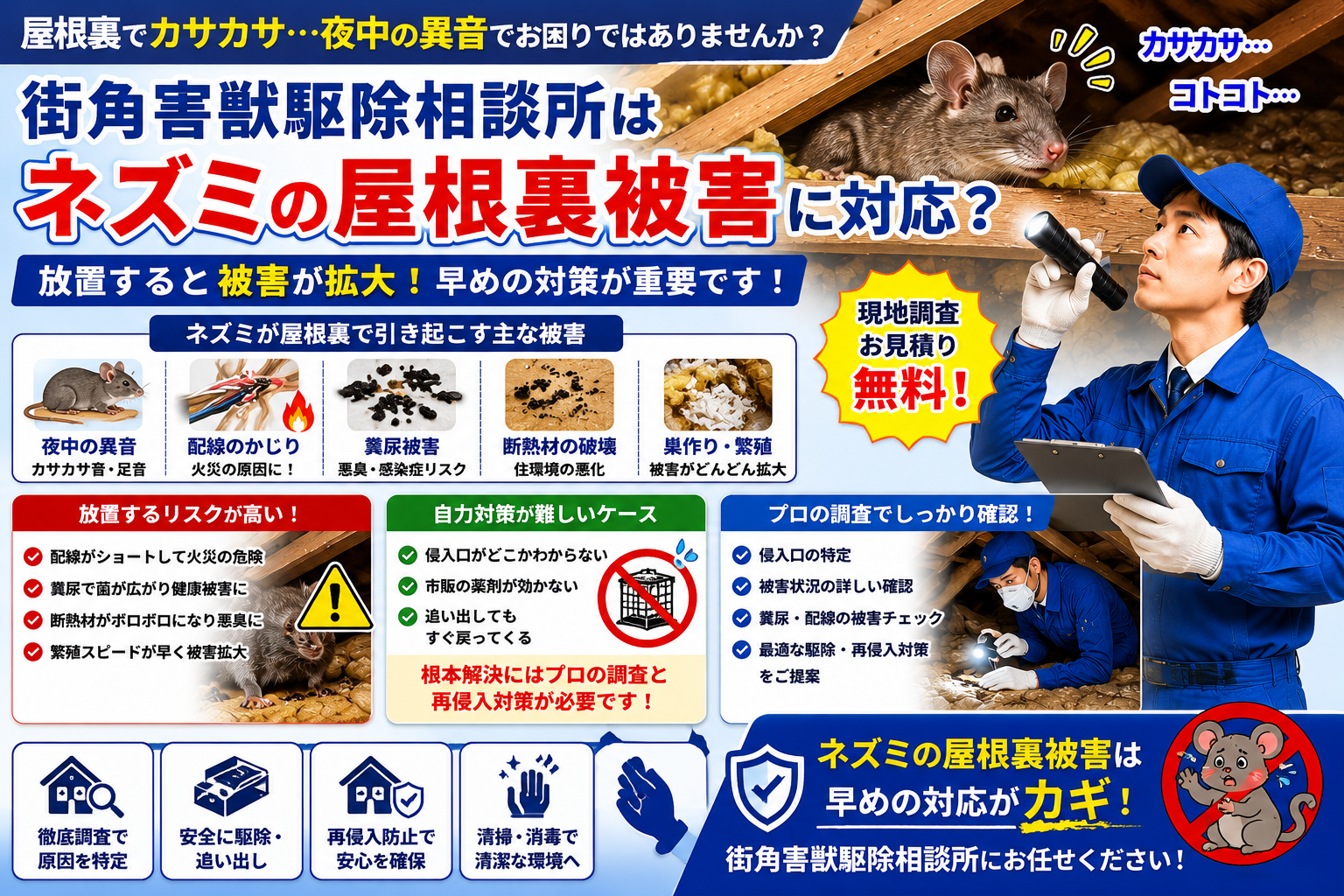 街角害獣駆除相談所のネズミの屋根裏被害や放置リスク、配線トラブルや糞尿被害を解説する青系イメージ画像