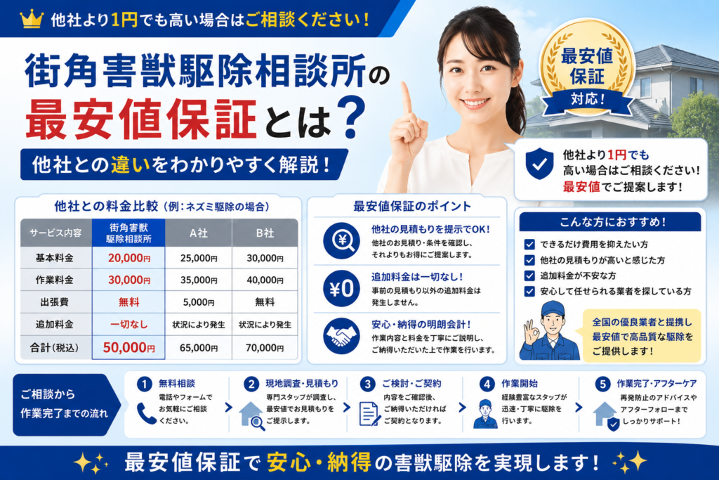 街角害獣駆除相談所の最安値保証や他社比較、料金や保証内容の違いを解説する青系イメージ画像