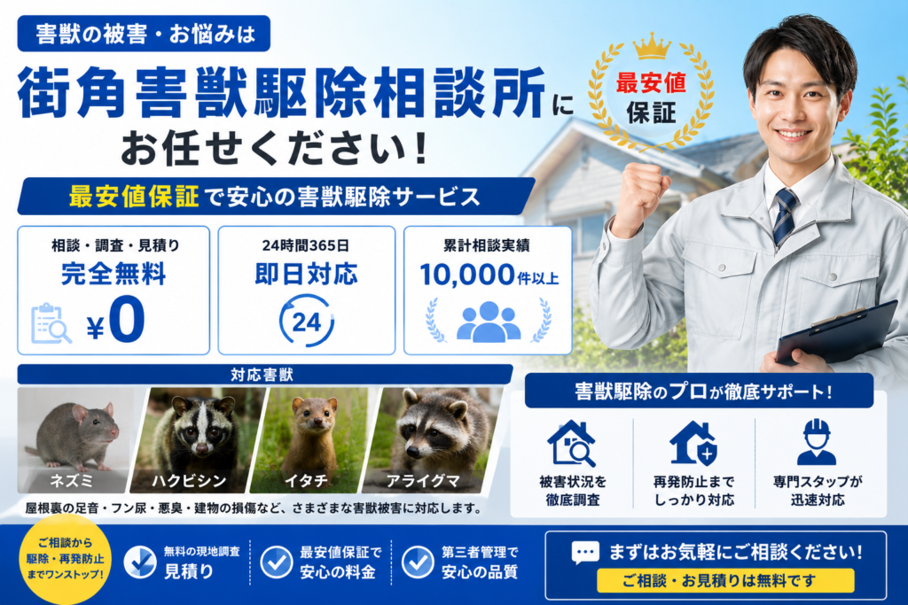 街角害獣駆除相談所の口コミや評判、料金、無料相談の特徴を解説する青系イメージ画像
