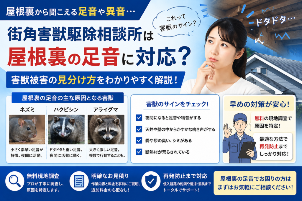 街角害獣駆除相談所の屋根裏の足音や害獣被害の見分け方、無料調査を解説する青系イメージ画像