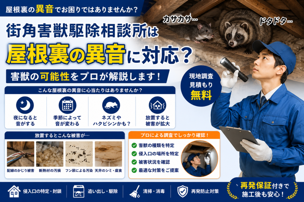 街角害獣駆除相談所の屋根裏の異音や害獣の可能性、ネズミやハクビシン被害を解説する青系イメージ画像