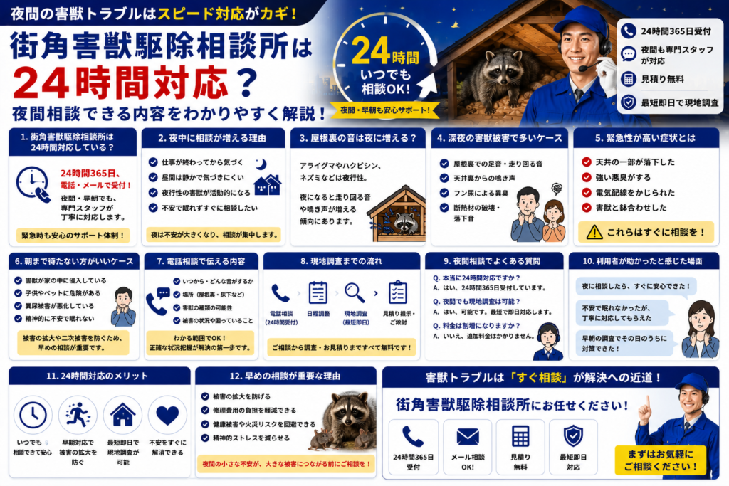 街角害獣駆除相談所の24時間対応や夜間相談、深夜の害獣被害や緊急対応の流れを解説する青系イメージ画像