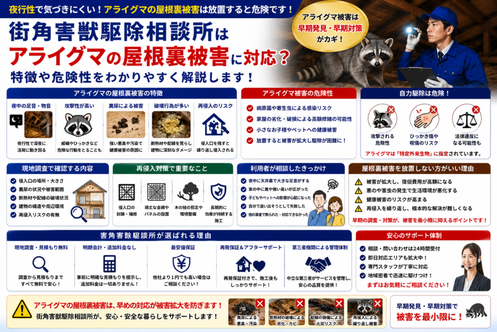 街角害獣駆除相談所のアライグマによる屋根裏被害や夜間の足音、糞尿被害や攻撃性の危険性を解説する青系イメージ画像