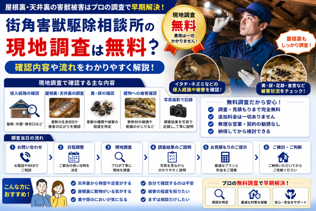 街角害獣駆除相談所の無料現地調査で確認する内容や調査の流れ、屋根裏調査や見積もりの仕組みを解説する青系イメージ画像
