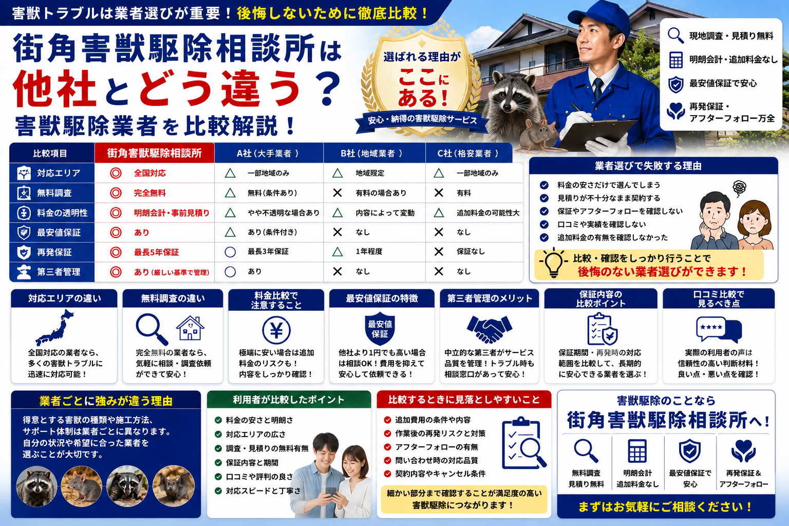 街角害獣駆除相談所と他社害獣駆除業者の料金や保証、無料調査や対応内容の違いを比較解説する青系イメージ画像