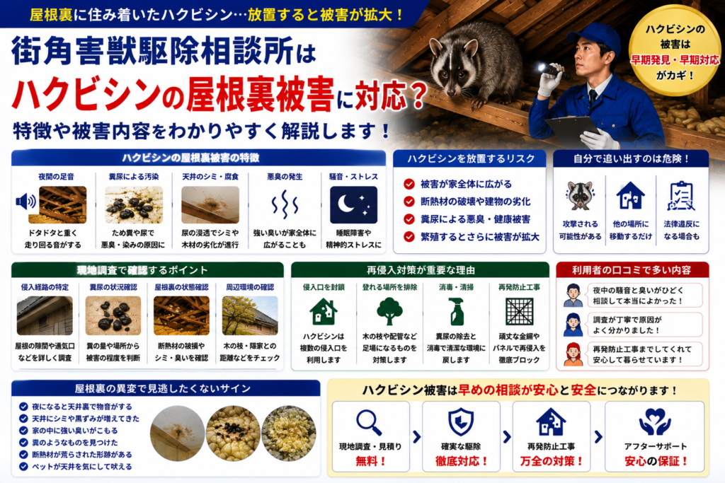 街角害獣駆除相談所のハクビシンによる屋根裏被害や足音、糞尿被害や悪臭の原因と再侵入対策を解説する青系イメージ画像