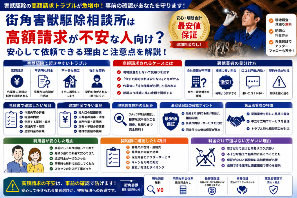 街角害獣駆除相談所の高額請求対策や見積もり確認ポイント、悪徳業者の見分け方や追加料金の注意点を解説する青系イメージ画像