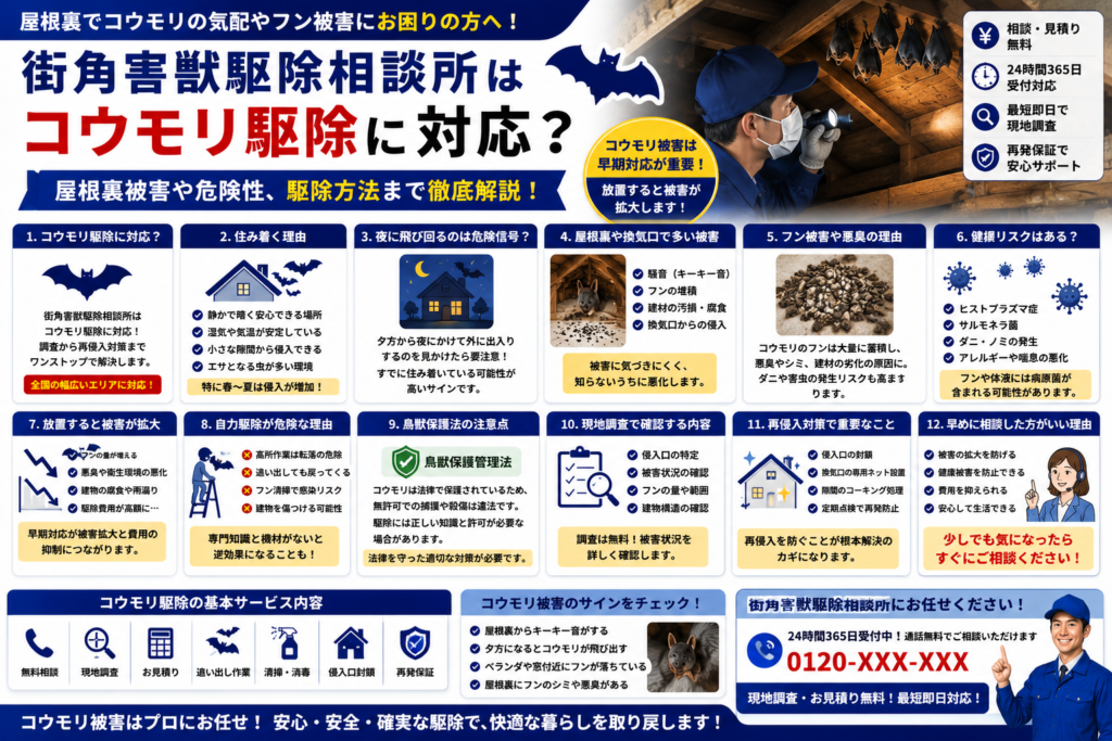 街角害獣駆除相談所のコウモリ駆除や屋根裏被害、フン被害や健康リスクを解説する青系イメージ画像