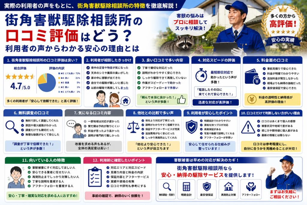 街角害獣駆除相談所の口コミ評価や利用者の声、対応スピードや料金面の評判を解説する青系イメージ画像