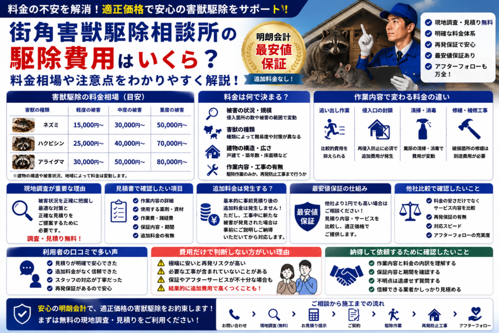 
街角害獣駆除相談所の駆除費用や料金相場、見積もり確認ポイントや追加料金の注意点を解説する青系イメージ画像

