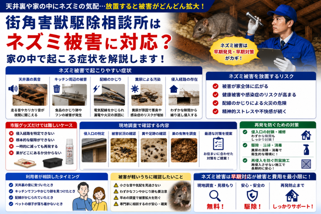 角害獣駆除相談所のネズミ被害による天井裏の異音や配線トラブル、糞尿被害や健康リスクを解説する青系イメージ画像
