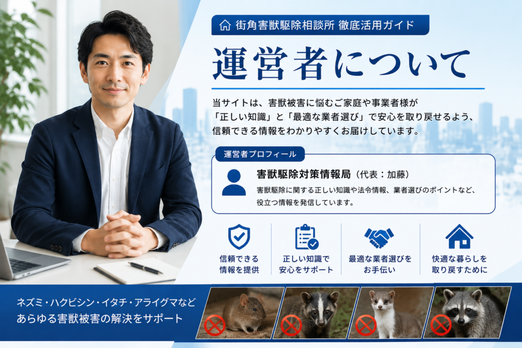 街角害獣駆除相談所の運営者プロフィールや害獣駆除に関する情報発信方針を紹介する青系イメージ画像