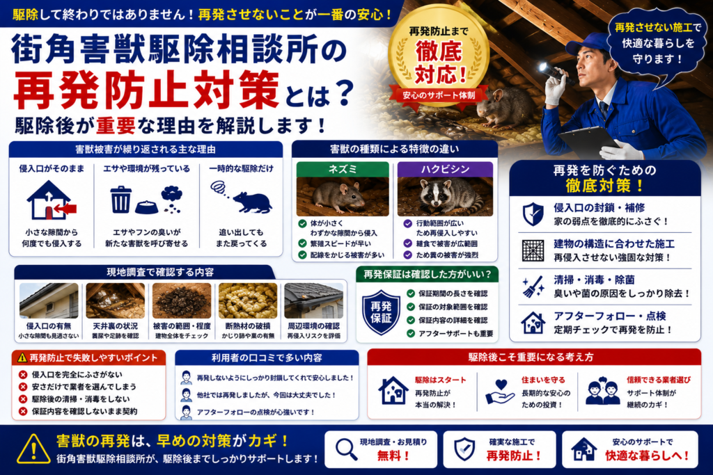 街角害獣駆除相談所の再発防止対策や侵入口封鎖、再侵入防止施工や保証内容を解説する青系イメージ画像