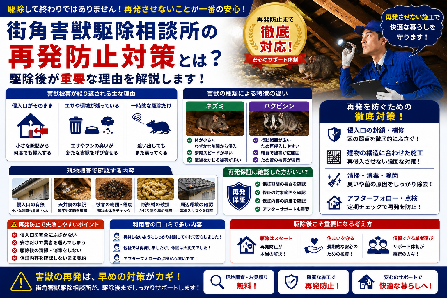 街角害獣駆除相談所の再発防止対策や侵入口封鎖、再侵入防止施工や保証内容を解説する青系イメージ画像