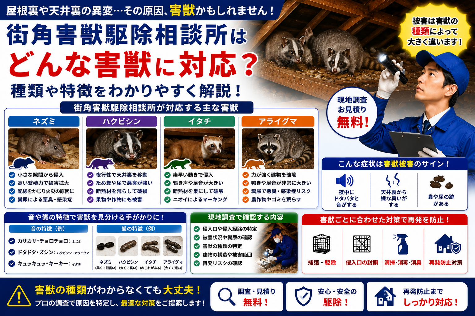 街角害獣駆除相談所が対応するネズミやハクビシン、イタチやアライグマの種類や特徴を解説する青系イメージ画像