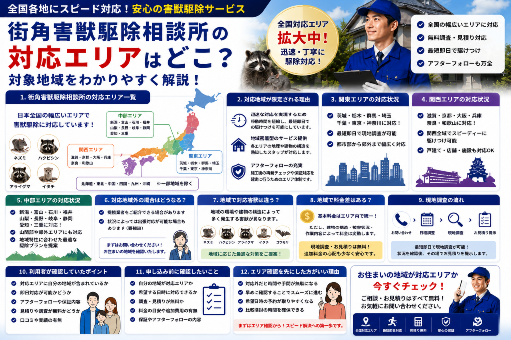街角害獣駆除相談所の対応エリアや全国対応地域、関東関西中部エリアの対応状況を解説する青系イメージ画像